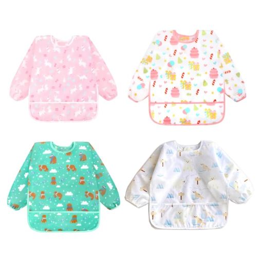 Accmor 4 Pack Long Sleeve Baby Bibs, Waterproof Sleeved Bib Smock for Baby Toddler 6-36 Months