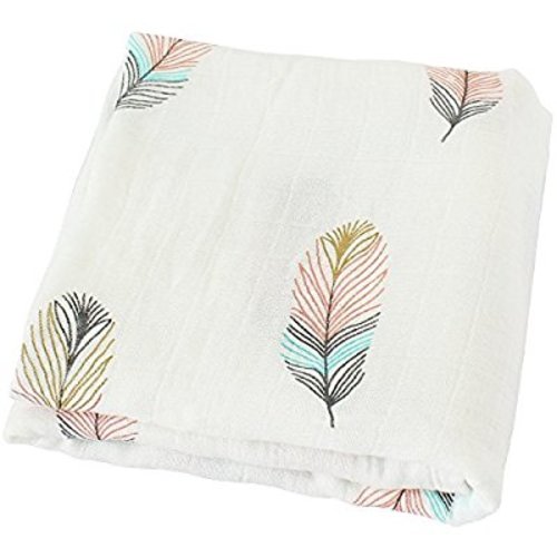 Swaddle Blankets Muslin - "Feather Print" Bamboo Cotton Baby Swaddle Wrap, Burping Cloth & Stroller Cover - Gender Neutral Baby Girl or Baby Boy Blanket By LifeTree - 1 Pack