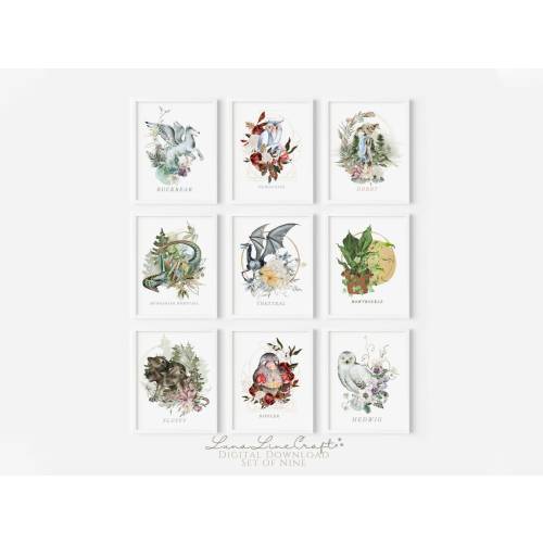 Set of Nine Magical Beasts Pack 02 | Floral Watercolor Printable Wall Art | Whimsical Wizard Magic School Nursery Prints | Digital Download