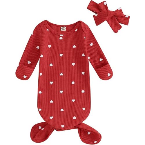 DuAnyozu Knotted Gown Baby Newborn Sleeping Bag Heart Print Sleep Sack Infant Girl Sleeper Valentines Pjs Set with Headband (red, 0-3 Months)