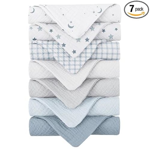 Konssy Baby Muslin Washcloths 7-Pack, 100% Cotton Baby Bath Washcloths, Soft & Absorbent Wash Cloths and Burp Cloths for Newborn Kids Girls & Boys, 11x11 inches