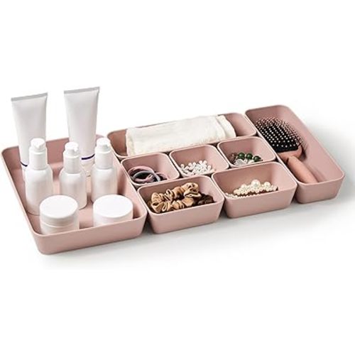 ISSEVE 8Pcs Nesting Silicone Drawer Organizer Trays, 4 Size Versatile Vanity Bathroom & Desk Drawer Organizer Set Storage Bins for Office,Kitchen,Nightstand (Pink)