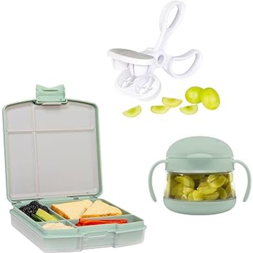 Ubbi Kid Snacking Bundle, Includes Snack Container, Bento Box and Grape Cutter, Sage Green
