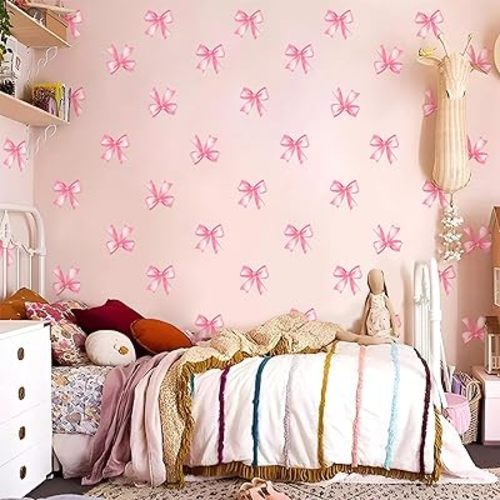 Trendy Pink Bows Fabric Wall Stickers,Coquette Light Bow Knot Wall Decals,for Valentine's Day Girls Party Kids Room Girls Bedroom Nursery Living Room Decoration (B029 Pink Bow Stickers)