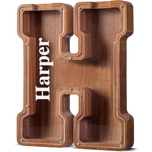 Summidate Customized Name Extra Large Wooden Piggy Bank for Kids Boys Girls Letter A-Z Coins Bills Money Change Bank Box Clear Cover (Laser Engraved) Educational Toys 12"- Letter H