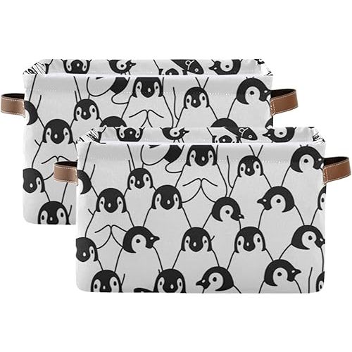 Aslsiy Penguin Storage Basket Toy Nursery Bins Collapsible Canvas Laundry Hamper with Handles for Home Living Room Bedroom Closet Toys Organizer 2 Pcs