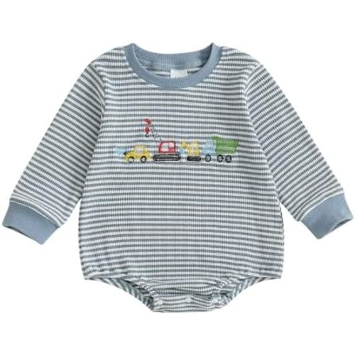 Newborn Baby Boy Girl Romper Long Sleeve Striped Outfit Waffle Bubble Jumpsuit Fall Winter Clothes