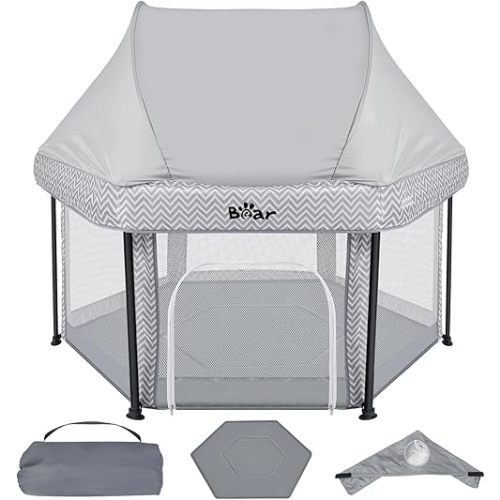 Bear Baby Playpen, Outdoor Play Yard Foldable Playpen with Canopy Mat for Babies Toddlers, Portable Indoor Kids Activity Fence Pack and Play