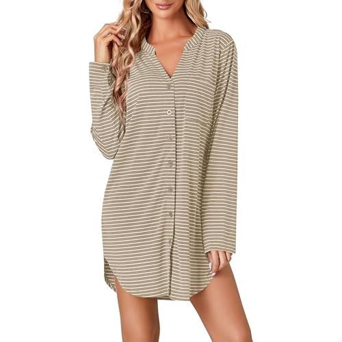 Vrtige Women's Striped Nightshirt Button Down Long Sleeve Nightdress Nightgown with Pocket