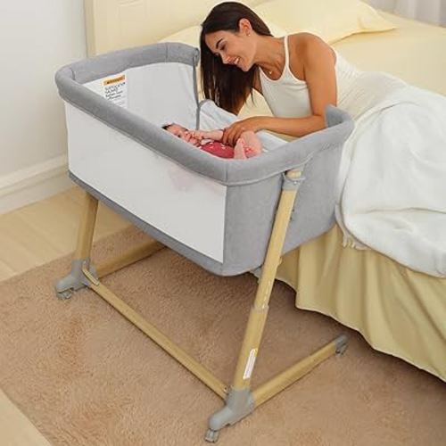 AMKE Baby Bassinets,All mesh Bedside Sleeper,Portable for Safe Co-Sleeping,Adjustable Crib,Baby Bed for Infant Newborn (Wood Color)