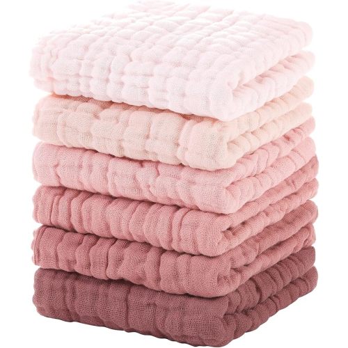 Pink Muslin Burp Cloths Baby 12''X12'',Baby Washcloths 6 Pack, 100% Cotton Baby Wash Cloths Absorbent And Soft For Newborn Infants