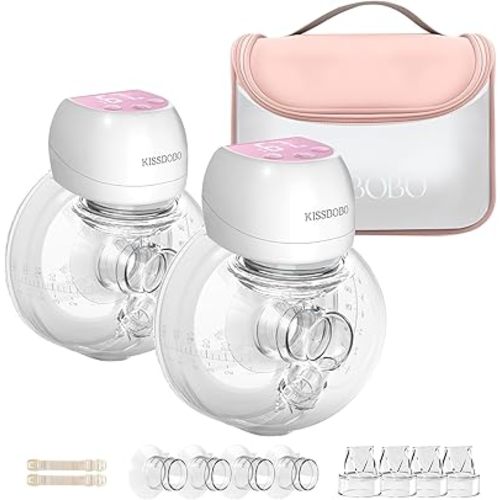 KISSBOBO ABP-1508 Hands Free Breast Pump Wearable with Storage Bag, Wearable breastfeeding pump Strong Suction, Low Noise, 3 Modes 9 Levels, with 21/24mm Insert/Flange, 2 Pack (Pink)