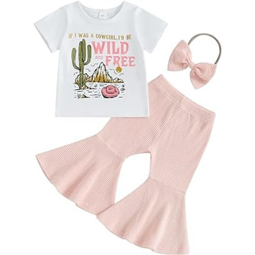 Fernvia Toddler Baby Girl Clothes Summer Crew Neck Letters Print T-Shirt with Flare Pants Headband 3Pcs Outfits Set