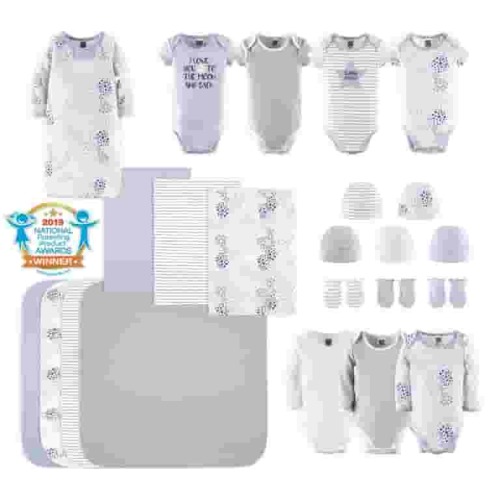 The Peanutshell Newborn Baby Layette Gift Set for Baby Boys or Girls, Shower Gift Essentials, Blue, Grey Celestial