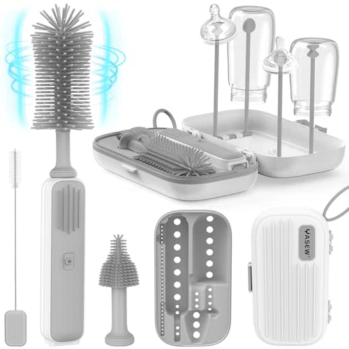 Yasew Electric Bottle Brush Cleaner, Baby Bottle Brush Travel Set, 360° Efficient Cleaning, Durable 2000 mAh Battery, Travel Bottle Brush Set with Drainage Rack and Storage Box, Baby Travel Essential