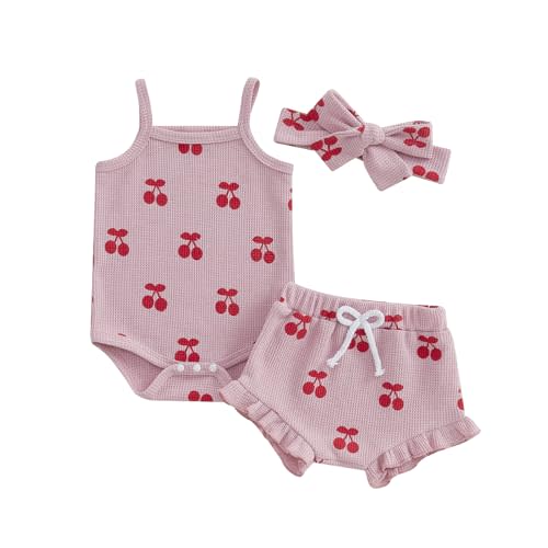 Kaipiclos Cherry Baby Outfit Newborn Infant Girl Clothes Rib Knit Romper & Shorts Waffled Baby Clothes for Girls 0 3 6 12 18M