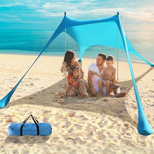 Beach Tent - 9.8 * 6.5 FT Beach Canopy, Portable Beach Tent Sun Shelter UPF50 with 4 Sandbags, 2 Stability Poles Ground Pegs and Anti-Wind Ropes, Outdoor Beach Shade Canopy for Camping, Sky Blue