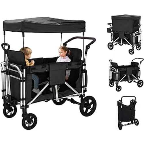 Stroller Wagon for 2 Kids, Wagon Cart Featuring 2 High Seat with 5-Point Harnesses and Adjustable Canopy, Foldable Push-Pull Rod Wagon Stroller for Garden, Stroller, Camping, Grocery Cart (Black-g)