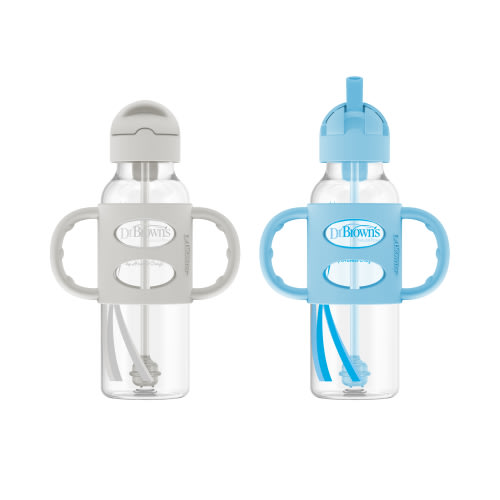 Dr. Brown's Milestones Narrow Sippy Straw Bottle, 100% Silicone Handles, 8oz/250ml, Blue/Gray 2 Pack