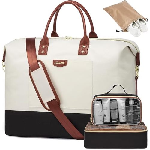 LOVEVOOK Duffle Bag for Travel with Wet Pocket, Lightweight Carry on Weekender Duffel, Water Resistant Hospital Bag for Women Labor Delivery, 4 Pcs Set, Beige-Black