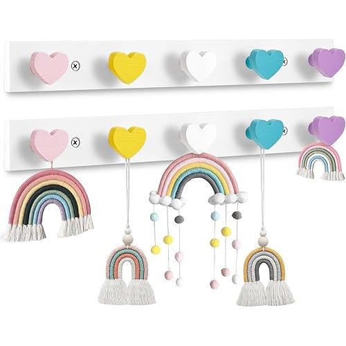 Maitys 2 Pcs Kids Wall Hooks Rainbow Kids Coat Rack Wall Mount Coat Hooks for Boys Girls Backpack Hooks for Classroom for Cloth Hat Backpack Towel Colorful Hooks in Bedroom Bathroom(Heart)