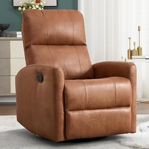 Swivel Rocker Recliner Chair, Manual Faux Leather Glider Rocking Recliners for Adults, 360° Swivel Nursery Reclining Sofa with Padded Backrest for Living Room, Dark Brown