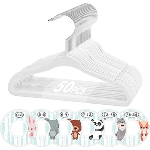 VIS'V Baby Hangers, 11 Inch Velvet Kids Hangers with 6 Pcs Clothes Size Dividers, Infant Toddler Nursery Closet Organization, Non Slip, White, 50 Pcs
