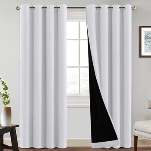 PrinceDeco 100% Blackout Curtains 84 inches Long Energy Smart & Noise Blocking Out Blackout Drapes for Bedroom Window Thermal Insulated Guest Room Lined Window Dressing(Greyish White, 2 Pack)