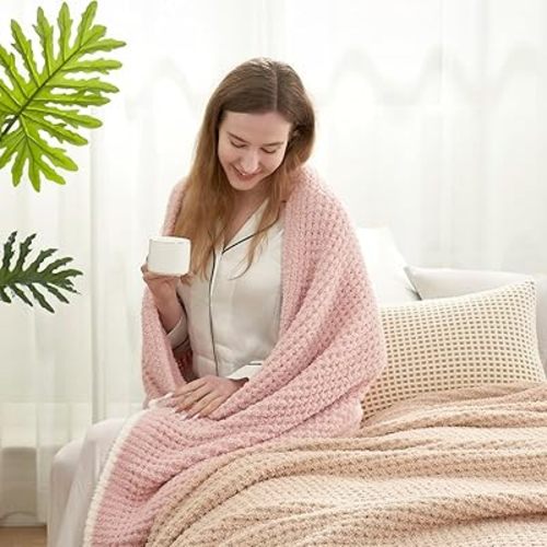 Snuggle Sac Pink Waffle Throw Blanket for Couch Bed Sofa 60x80 inches, Reversible Pink Blanket Microfiber Fluffy Fuzzy Cozy Knit Twin Blanket for Women Mothers Birthday Gifts