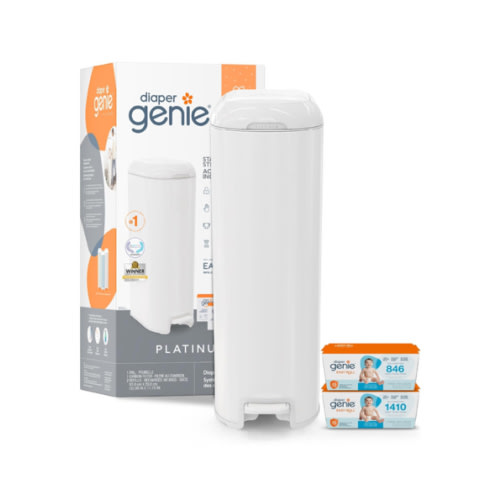 Diaper Genie Platinum Pail Gift Set, Lily White, Made of Durable Stainless Steel and Includes 2 Easy Roll Refills with 18 Bags and 30 Bags