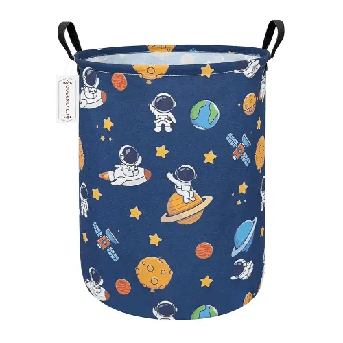 QUEENLALA Large Storage Basket,Laundry Hamper/Bathroom/Home Decor/Collapsible Round Storage Bin,Boys and Girls Hamper/Boxes/Clothing（Round-Yellow Star Astronaut）