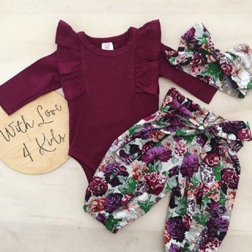 Cute Newborn Baby Girls Cotton Tops Romper Floral Pants 3Pcs Outfits Set Clothes - Purple