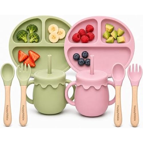 Baby Led Weaning Silicone Feeding Set, 2 Pack - Divided Suction Plates with Lids, 2-in-1 Sippy Cups, Spoons & Forks for Babies 6-36 Months, First Foods Shower Gift, BPA Free