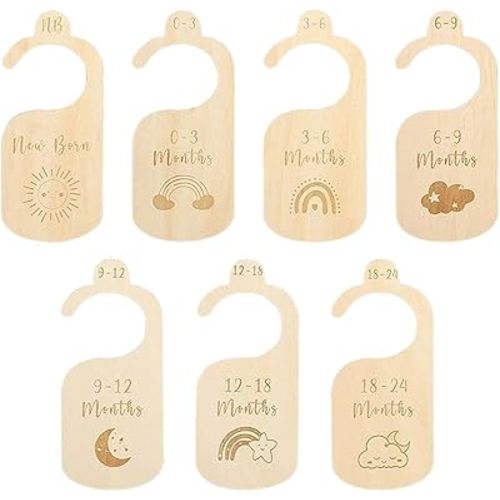 Wooden Baby Closet Dividers, 7 Pack Newborn Wardrobe Baby Closet Organizer, Baby Cloth Sorting Tags Organizers, Double-Sided Baby Clothes Size Hanger Organizer from Newborn to 24 Months