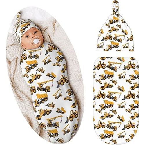 Construction Machinery Excavator Truck Tractor Newborn Swaddle Blanket Baby Stuff Baby Blanket with Beanie Set Soft Sleeping Sack for Unisex Girls Boys