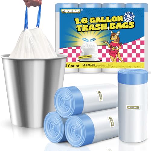 T.FORING 1.6 Gallon Mini Trash Bags Drawstring - 120 Count Strong Small Garbage Bags Unscented,White Trash Can Liners Strong Little Waste Basket Bags 6 Liter for Home Bathroom Office Car