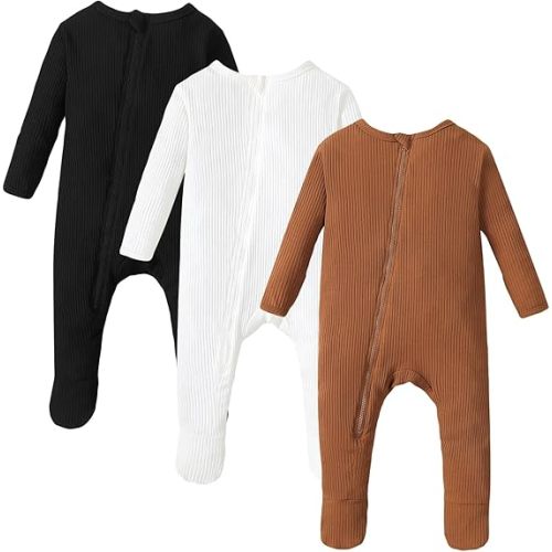 OPAWO Newborn Sleepers Baby Boy Pajamas, Ribbed Footie Pajamas Baby Long Sleeve Onesie with Mitten Cuffs, Zipper Onesie 0-9M - Black/White/Brown - Preemie-Newborn