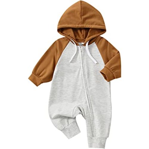 VISGOGO Newborn Baby Boys Girls Rompers Contrast Color Long Sleeve Zipper Hooded Jumpsuits Playsuits Long Pants Overalls