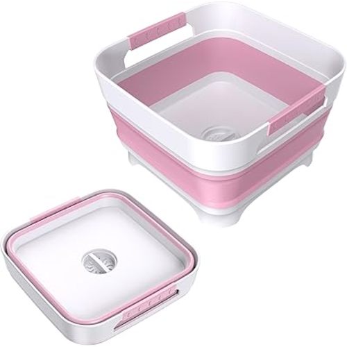 Collapsible Dish Basin, 9L Capacity, Portable Sink for Kitchen, Camping, RV, Gray (Pink)