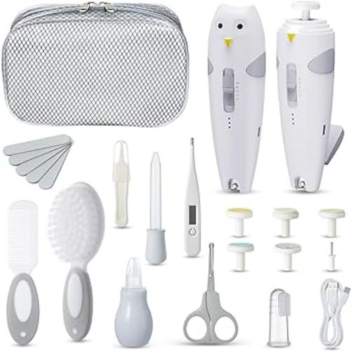 Lictin Baby Healthcare and Grooming Kit, 26 in 1 Rechargeable Nail Trimmer Electric Set,Safe File with Auto Light, Newborn Nursery Health Care Portable Safety Set for Infant Toddlers Boys Girls, Grey