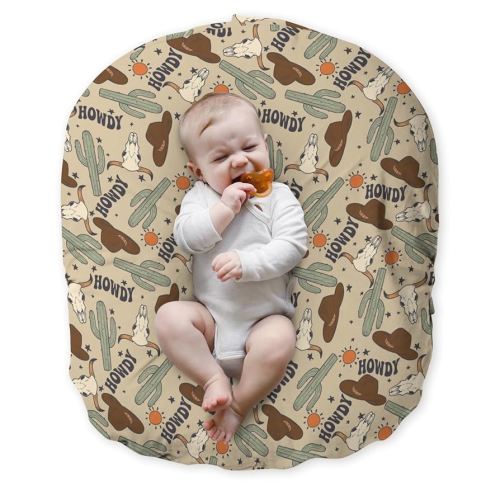 Newborn Lounger Pillow Cover Boho Western Cowboy Howdy Cactus, Wild West Hat Boots Cow Baby Boys Shower Gift Removable Slipcover, Soft Snug Fit Infant Nursing Pillowcase (Lounger Not Included)