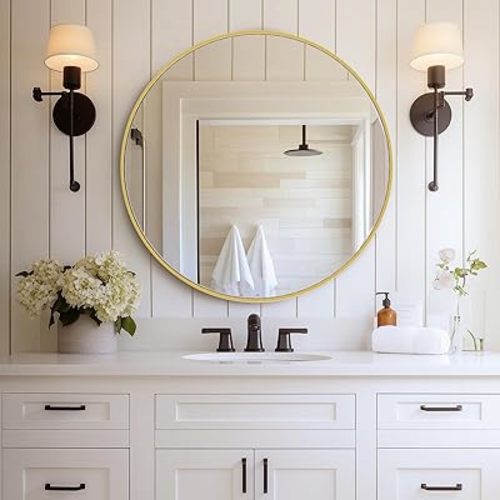 DUMOS Gold Circle Mirror for Wall 30 inch, Bathroom Round Mirror for Over Sink, Bathroom, Entryway, Bedroom, Vanity