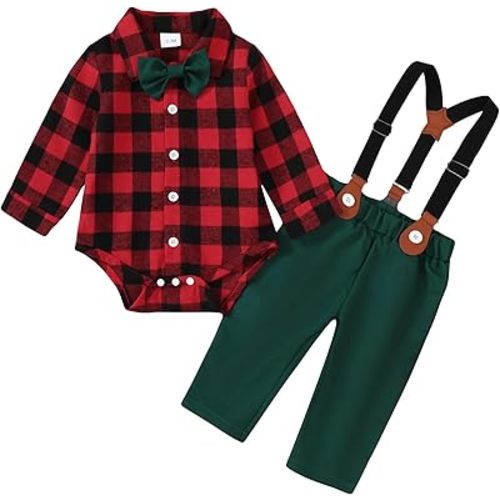 Baby Boy Outfit Plaid Gentleman Romper+Suspenders Pants+Bowtie