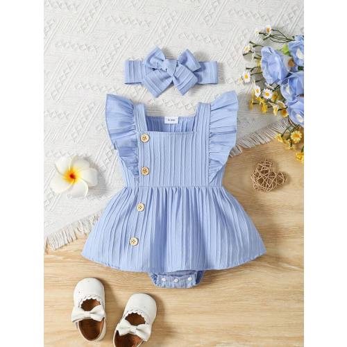 Baby Girl Texture Ruffle Trimmed Bodysuit With Decorative Buttons Detail | SHEIN USA