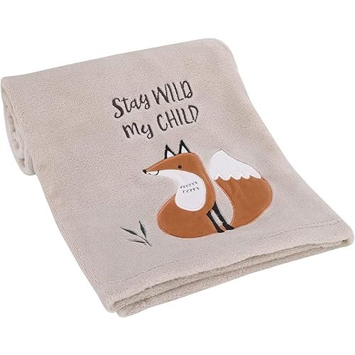 NOJO Little Love Woodland Meadow Taupe and Tan, Fox Stay Wild My Child Super Soft Applique Baby Blanket