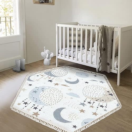 Hexagon Boho Rug Cute Moon Stars Clouds Kids Trendy Chic Washable Area Rug Hallway Runner Rug Minimalist Meditation Mat for Living Room Bedroom Entryway Nursery Classroom Kids Play Castle