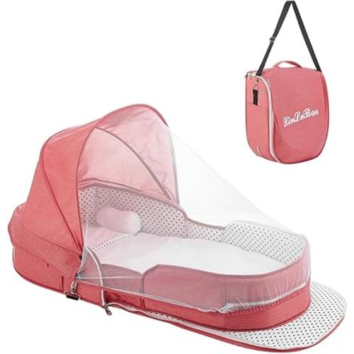 Baby Travel Bassinet Portable Bassinets, Foldable Converts to Backpack for Travel, Lightweight Travel Baby Lounger with 2-1 Mosquito & Canopy (Pink)