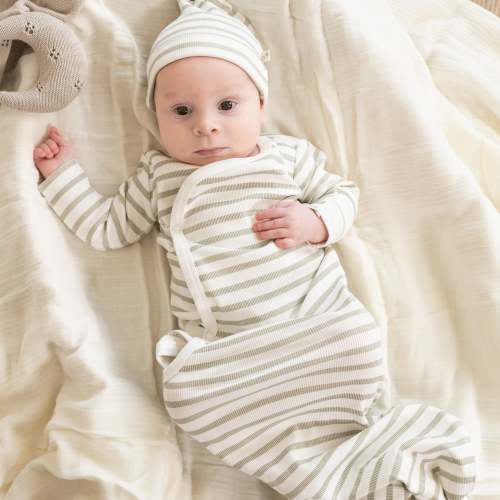 Organic Kimono Knotted Sleep Gown - Sage Stripes