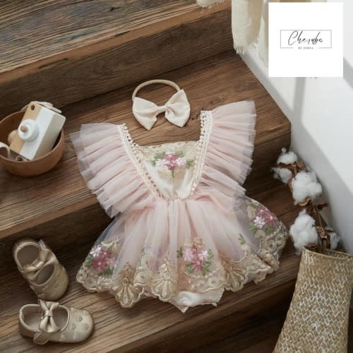 Floral Embroidered Baby Girl Romper - Princess Tulle Jumpsuit | Party Outfit