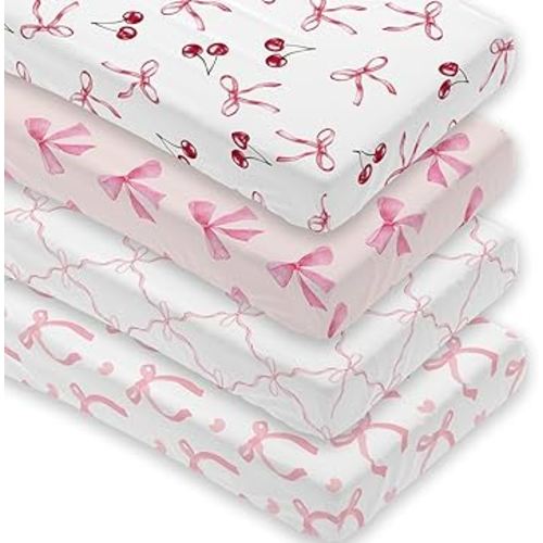 4 Pack Pink Bow Crib Sheet Set for Baby Girl, Soft Breathable Fitted Crib Sheet 28 x 52 in, Nursery Decor for Standard Crib and Toddler Bed Mattresses